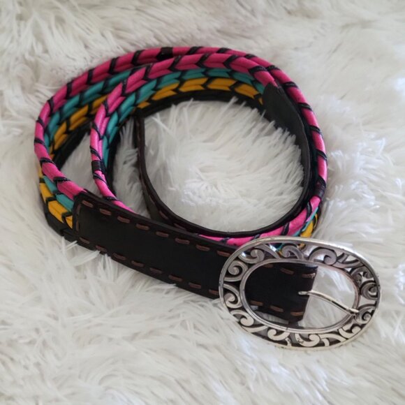 Brighton Womens Multicolor Braided Leather Belt W/ Decorative Silver Buckle B206 - Picture 3 of 7